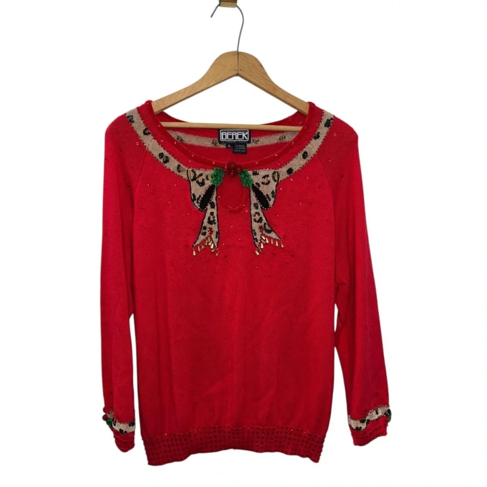 VTG Berek Ugly Christmas Sweater XL Red Leopard Bow Mistletoe Embellished Sequin